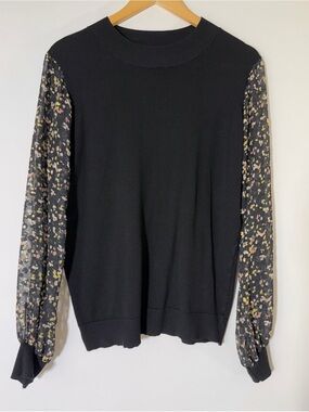 Lightweight Black Knit Top with Sheer Floral Sleeves Medium